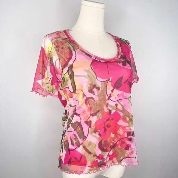 Pink Floral Mesh Shirt - Peruggi Italian Designer Vintage - Picture 8 of 12